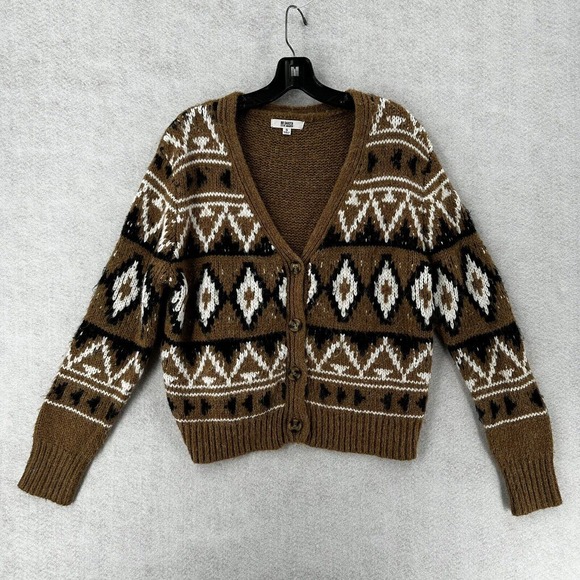 BB Dakota Cropped Cardigan Sweater SMALL All Over Print Boho‎ Button Up FUZZY - Picture 1 of 13
